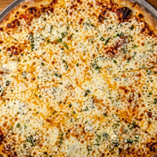 A whole, sliced cheese pizza with herbs on a metal pan, resting on a wooden table.