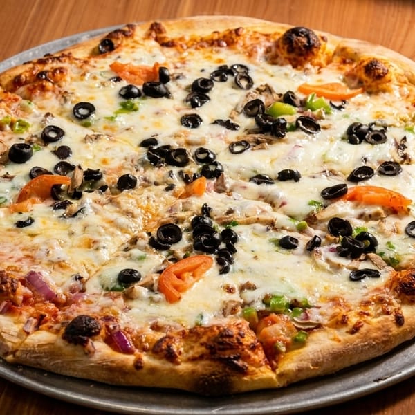 A whole pizza with melted cheese, black olives, green peppers, tomatoes, and mushrooms on a wooden table.