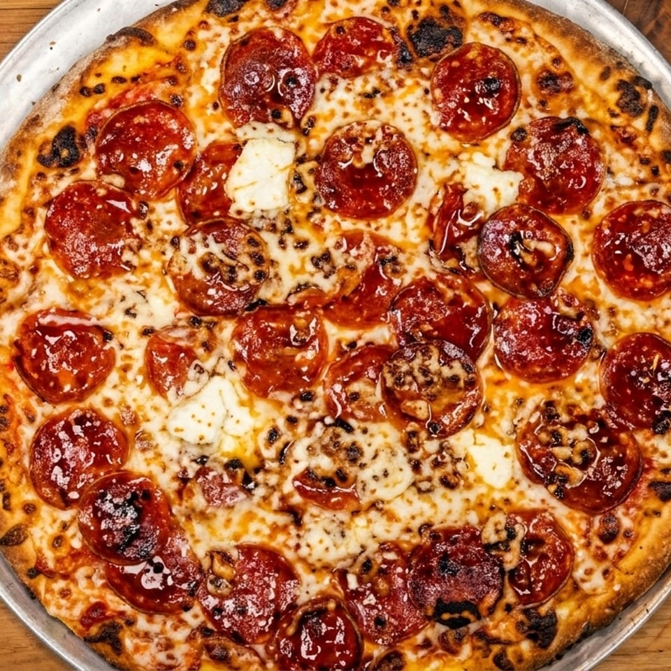 A whole pepperoni and cheese pizza on a metal pan, centered on a wooden table.