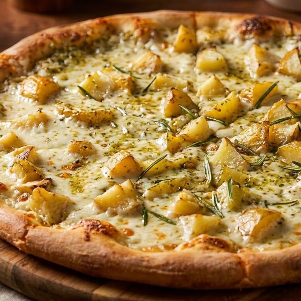 Golden potato pizza with melted cheese, pesto, and rosemary on a wooden board.
