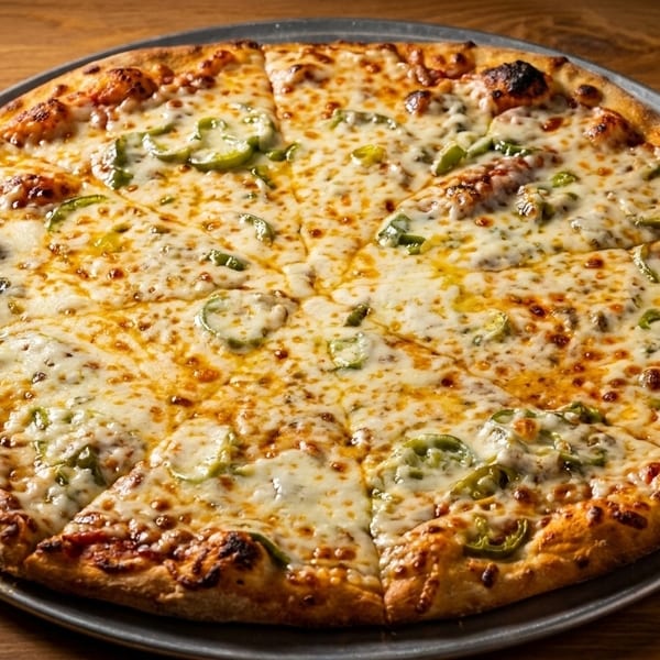 A whole round pizza with melted cheese and green jalapeño slices on a metal pan.