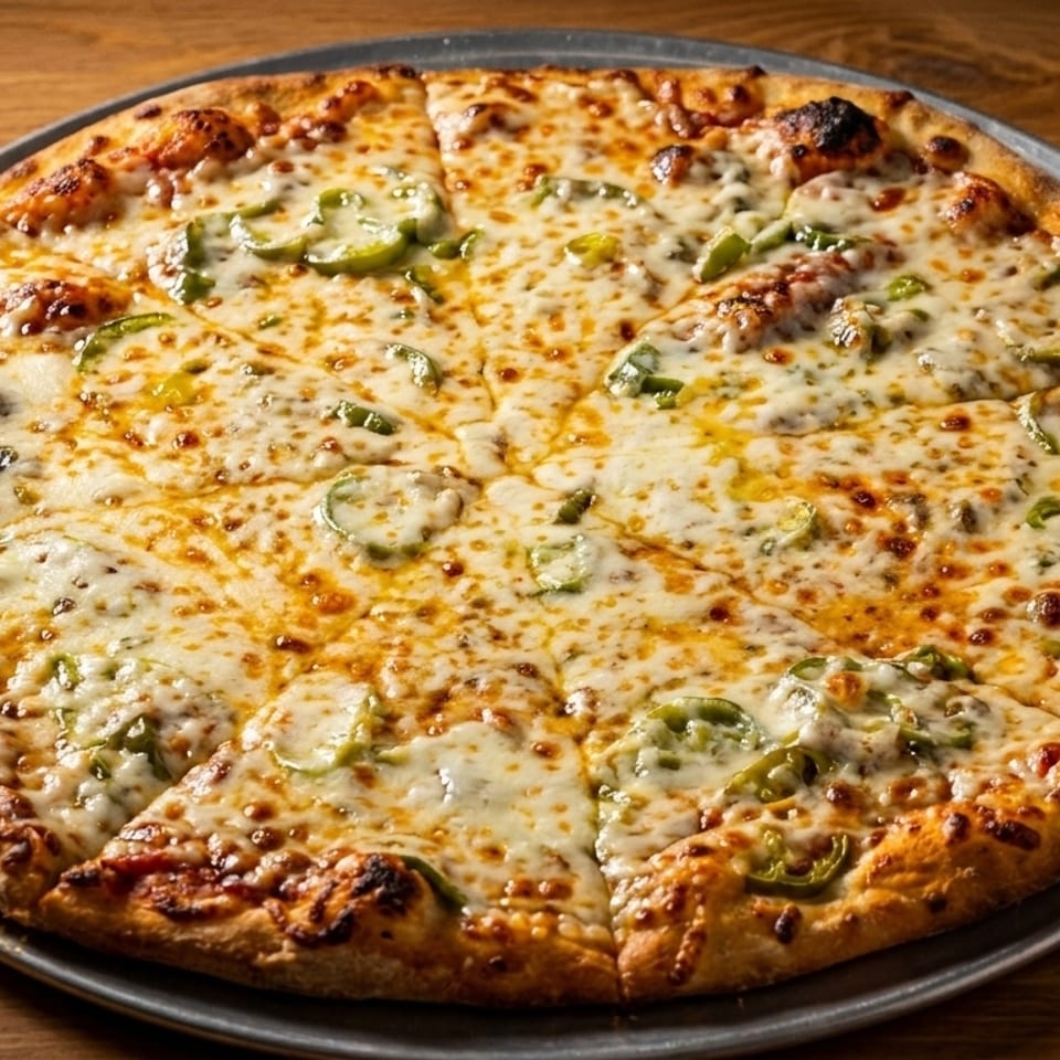A whole, sliced pizza with melted cheese and green peppers on a metal pan.