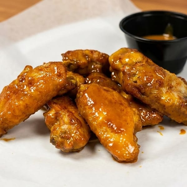A plate of golden-brown chicken wings coated in a glossy sauce, with a small black cup of dipping sauce.